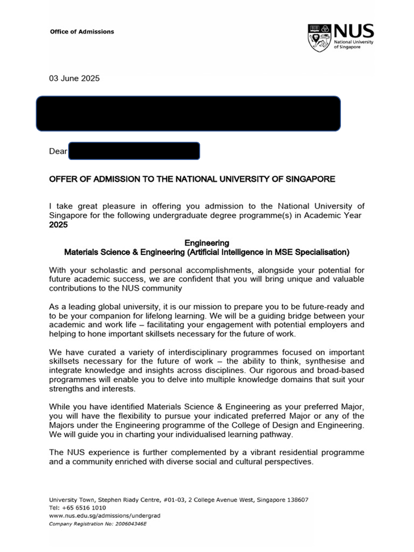 National University of Singapore — Harvard College · Class of 2028 · Regular Decision