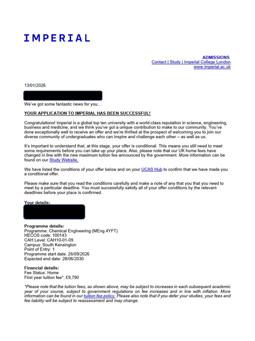 Imperial College London — Harvard College · Class of 2028 · Regular Decision